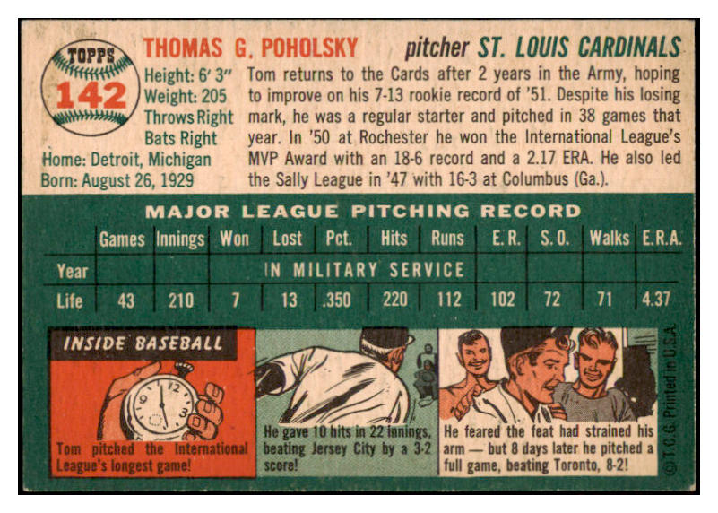 1954 Topps Baseball #142 Tom Poholsky Cardinals EX-MT 455894