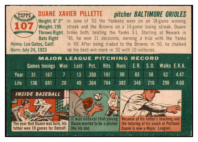 1954 Topps Baseball #107 Duane Pillette Orioles EX-MT 455964