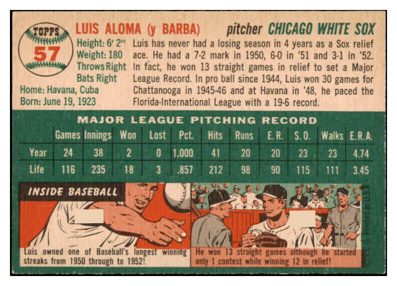 1954 Topps Baseball #057 Luis Aloma White Sox EX-MT 456034