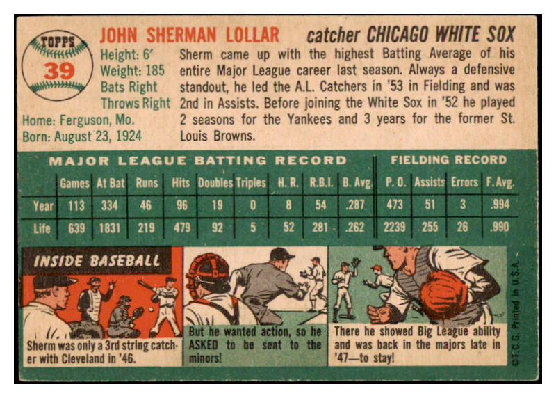 1954 Topps Baseball #039 Sherm Lollar White Sox EX-MT 456066