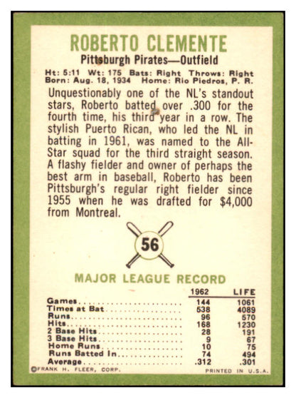 1963 Fleer Baseball #056 Roberto Clemente Pirates EX+/EX-MT 456304