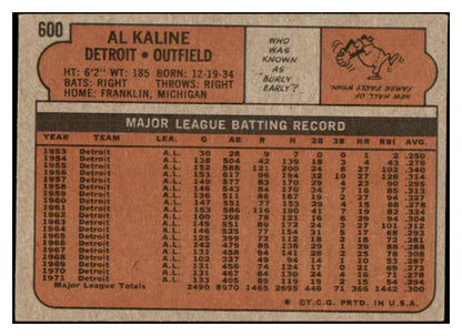 1972 Topps Baseball #600 Al Kaline Tigers VG-EX 456340