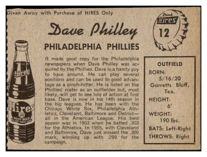 1958 Hires #012 Dave Philley Phillies EX-MT No Tab 456576