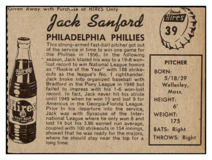 1958 Hires #039 Jack Sanford Phillies EX-MT No Tab 456580