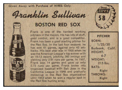 1958 Hires #058 Frank Sullivan Red Sox EX-MT No Tab 456584