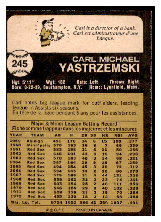 1973 O Pee Chee Baseball #245 Carl Yastrzemski Red Sox NR-MT 456769