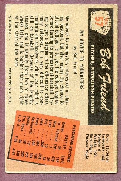 1955 Bowman Baseball #057 Bob Friend Pirates EX 456826