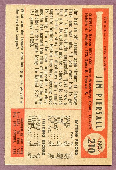 1954 Bowman Baseball #210 Jimmy Piersall Red Sox NR-MT 457685