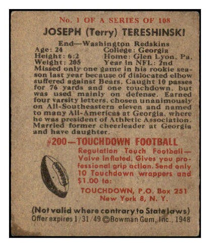1948 Bowman Football #001 Joe Tereshinski Washington EX 458760