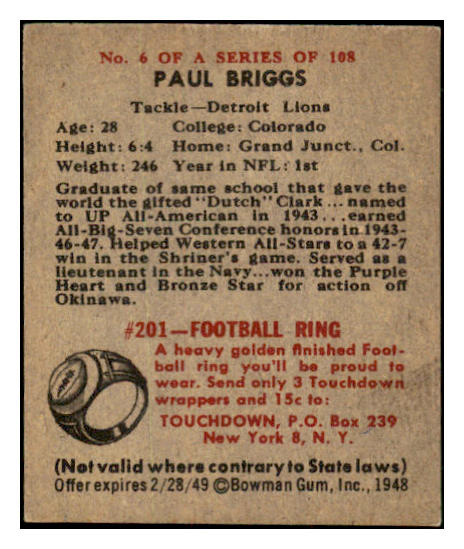 1948 Bowman Football #006 Paul Briggs Lions NR-MT 458763