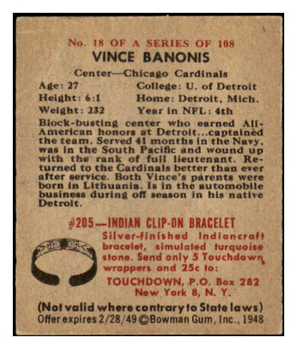1948 Bowman Football #018 Vince Banonis Cardinals EX-MT 458771