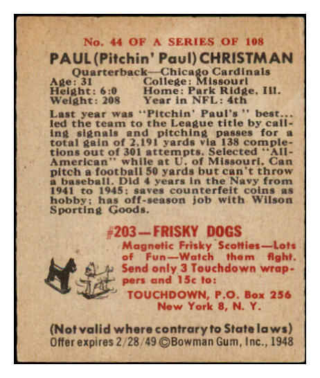 1948 Bowman Football #044 Paul Christman Cardinals EX-MT 458789