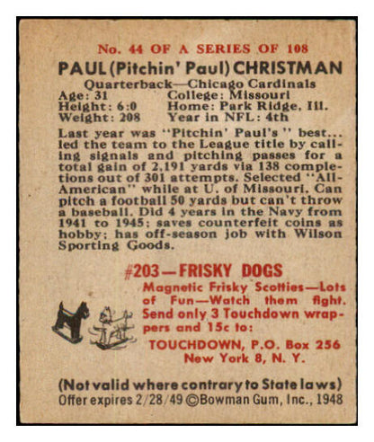 1948 Bowman Football #044 Paul Christman Cardinals EX-MT 458789