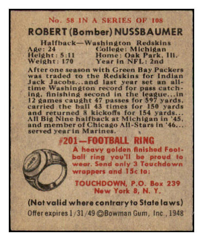 1948 Bowman Football #058 Bobby Nussbaumer Washington EX-MT 458800