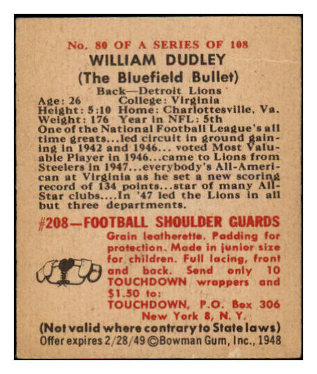 1948 Bowman Football #080 Bill Dudley Lions EX 458821