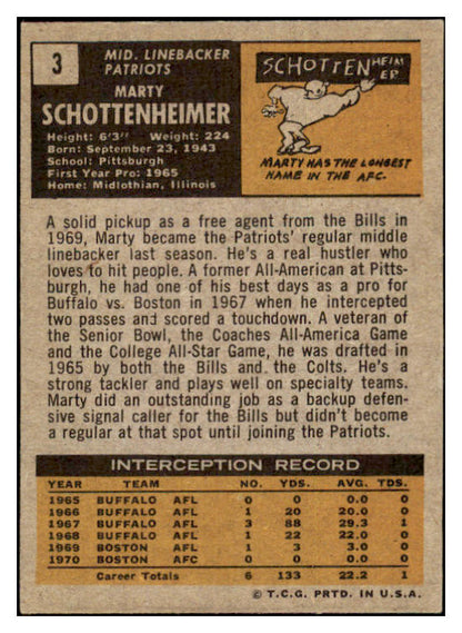 1971 Topps Football #003 Marty Schottenheimer Patriots VG-EX 460121