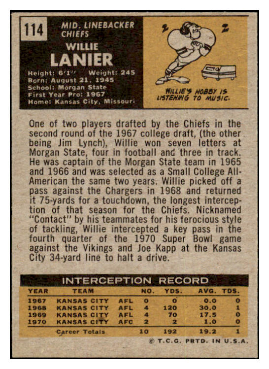 1971 Topps Football #114 Willie Lanier Chiefs EX 460132