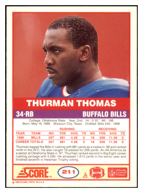 1989 Score Football #211 Thurman Thomas Bills NR-MT 460267