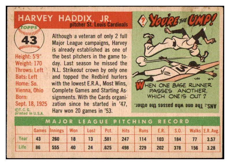 1955 Topps Baseball #043 Harvey Haddix Cardinals EX-MT 463175